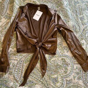 Brown Satin Long Sleeve Tie Front Shirt